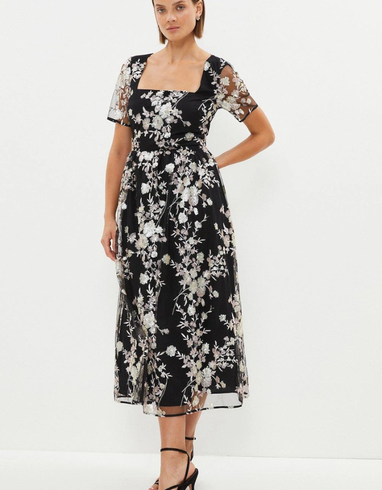 Square Neck Dress In Sequin Floral