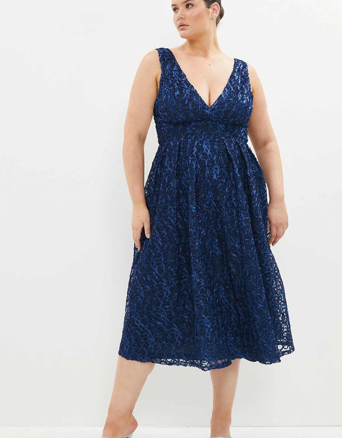 Plus Size Wrap Front Embroidered Midi Dress
