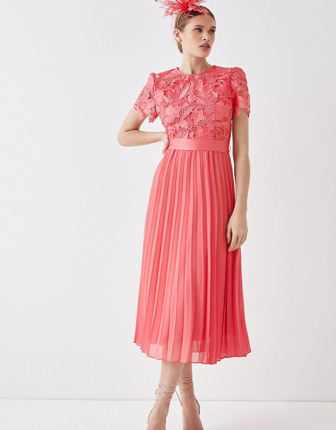 Premium Floral Satin Lace Pleat Skirt Midi Dress, 4 of 3