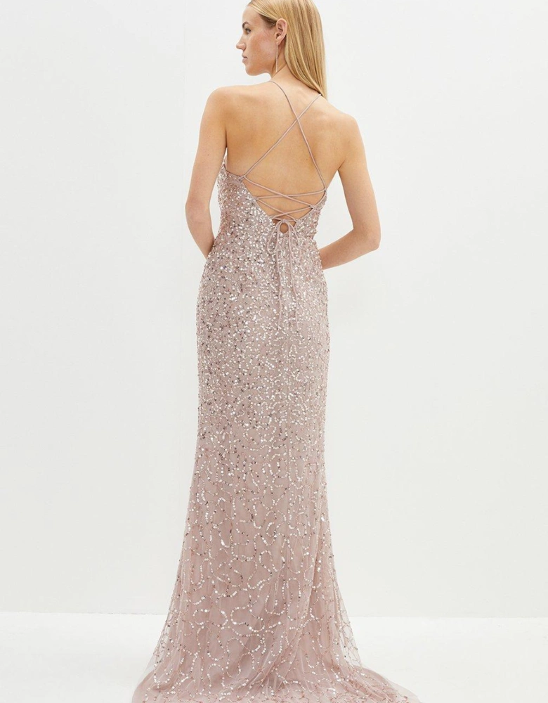 Lace Up Back Sequin Maxi Dress