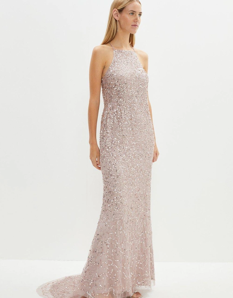 Lace Up Back Sequin Maxi Dress