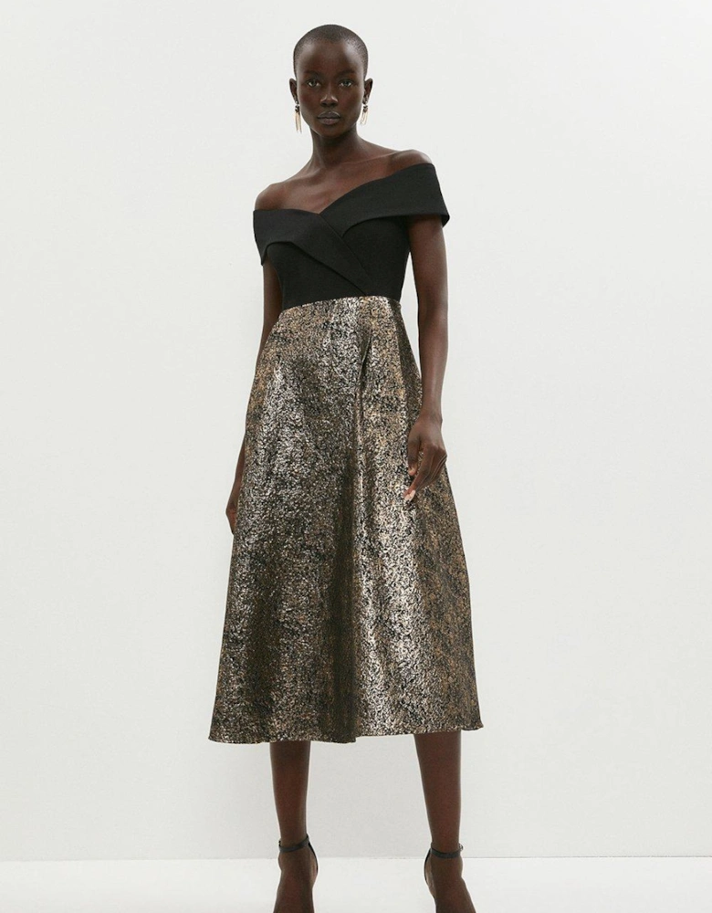 Bardot Cross Front Metallic Jacquard Skirt Midi Dress