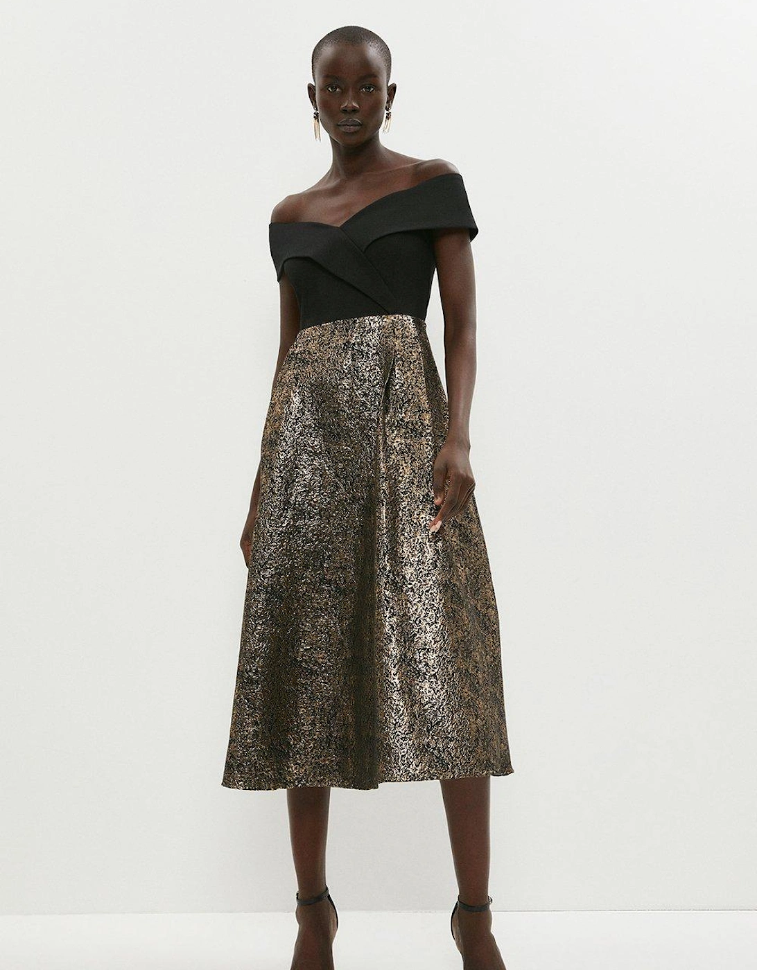 Bardot Cross Front Metallic Jacquard Skirt Midi Dress, 5 of 4