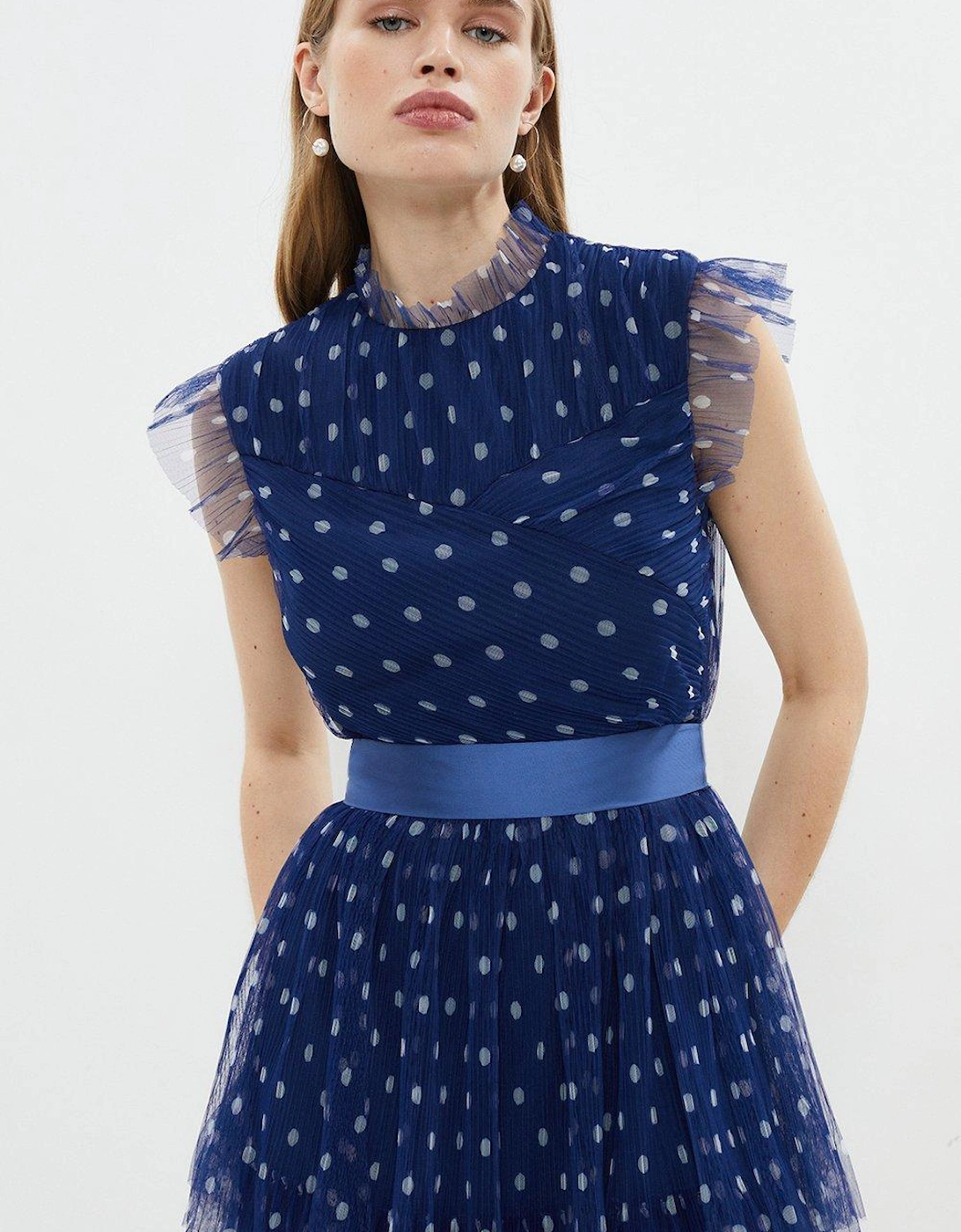 Tiered Mesh Belted Midi Dress