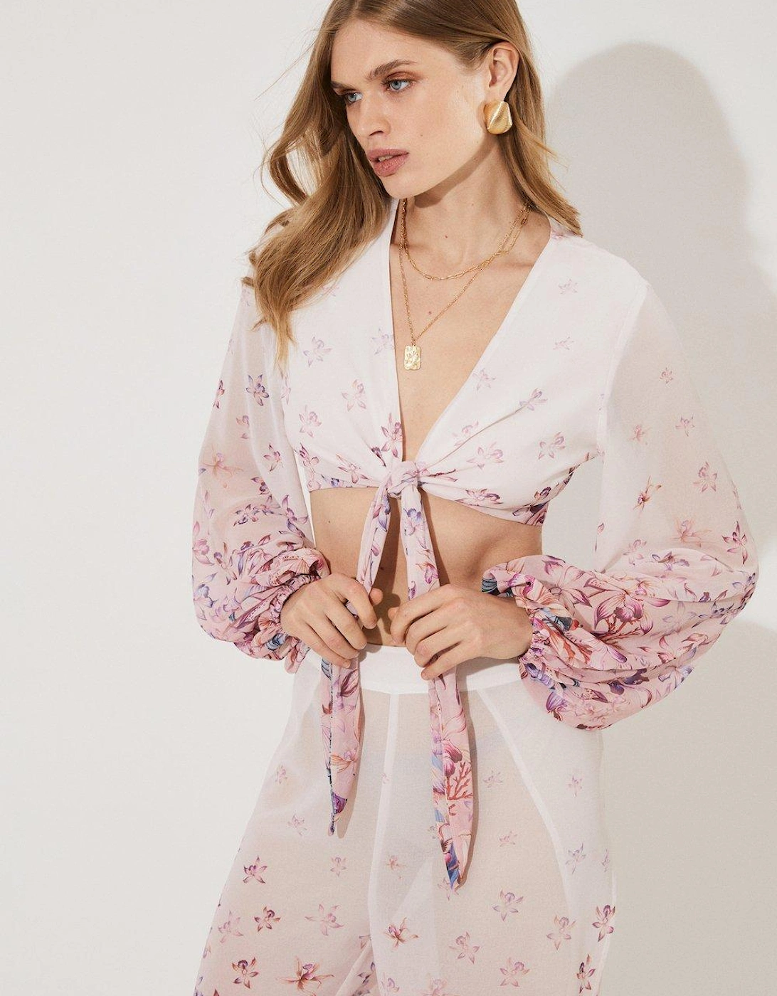 Tie Detail Tropical Placement Print Blouson Sleeve Top, 5 of 4