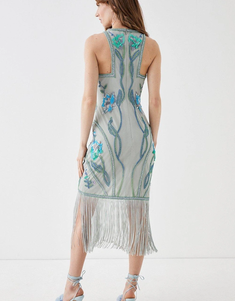 Alexandra Farmer Hand Embellished Midi Dress With Ombre Frin