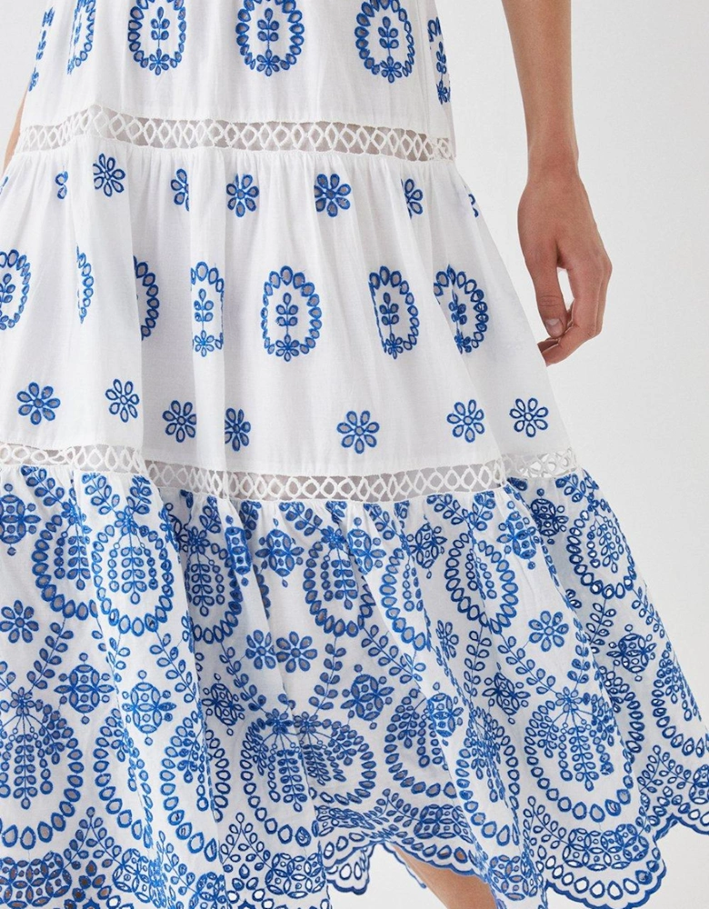 Bardot Trim Detail Tiered Broderie Midi Dress