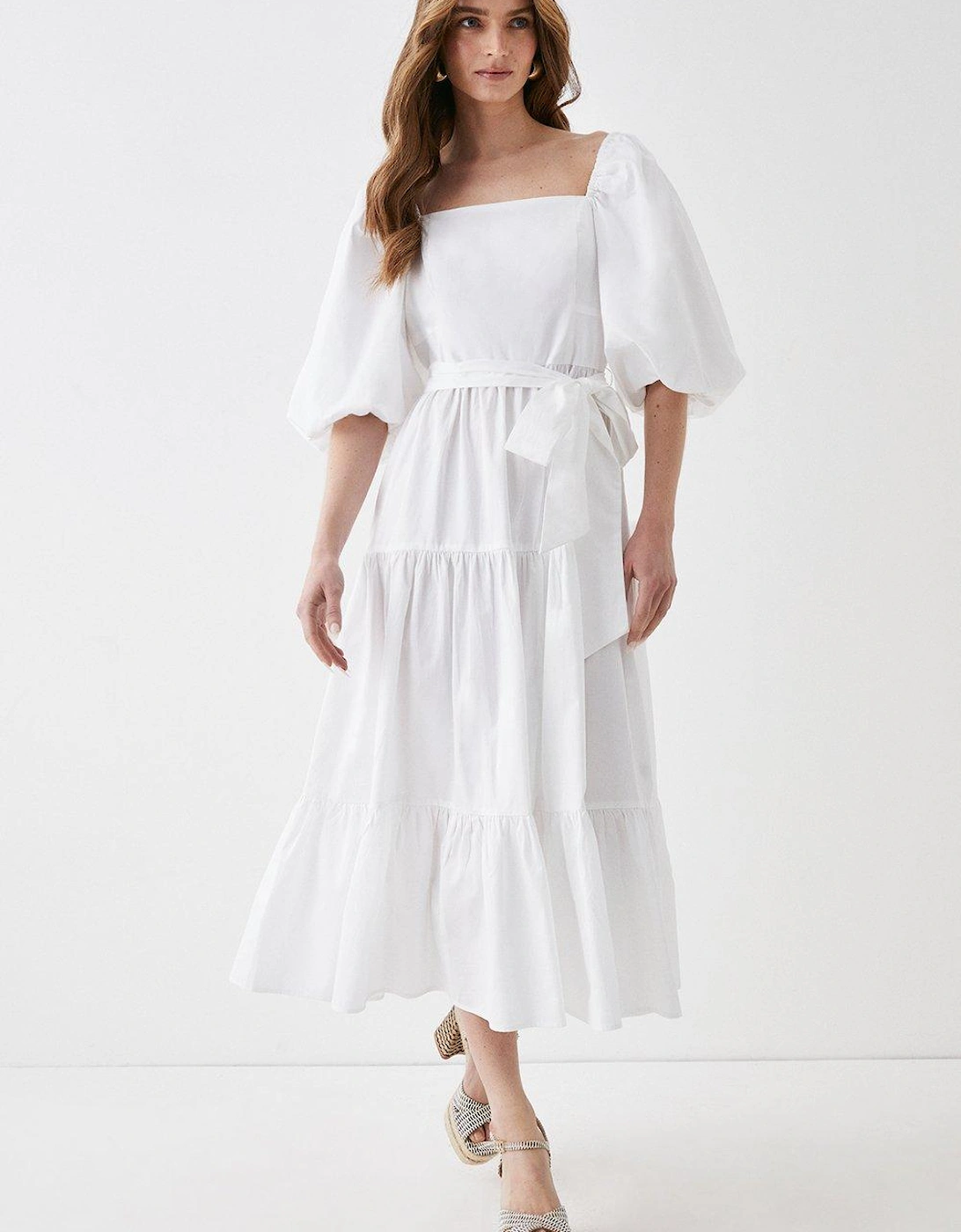 Puff Sleeve Belted Cotton Tiered Midi Dress, 5 of 4