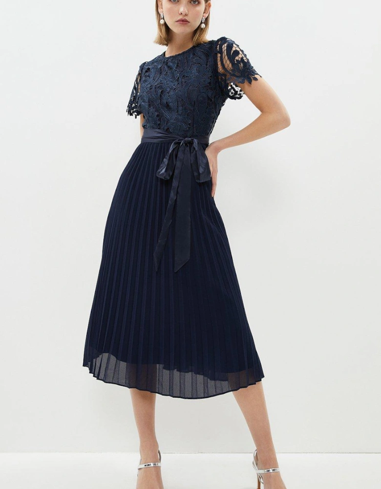 Petite Belted Lace Bodice Pleat Skirt Midi Dress
