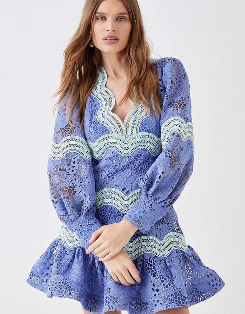 Lace Blouson Sleeve Trim Detail Mini Dress