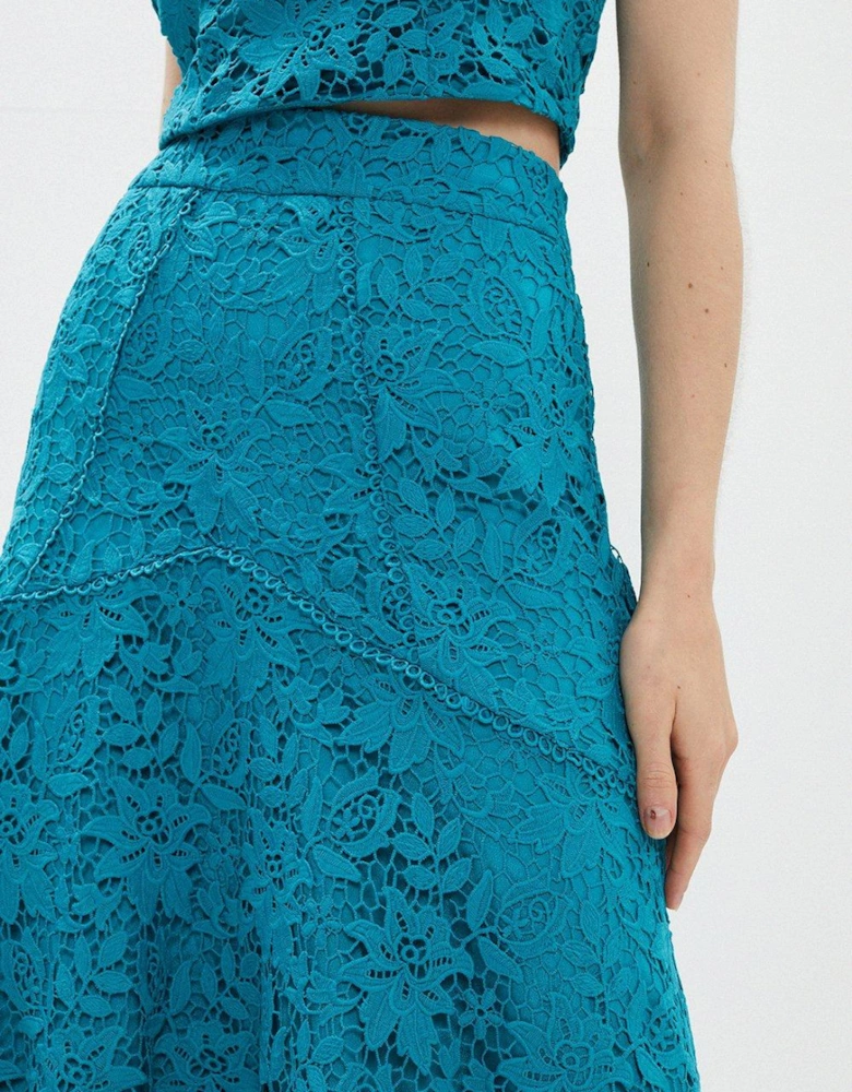 Lace Contrast Trim High Low Hem Midi Skirt