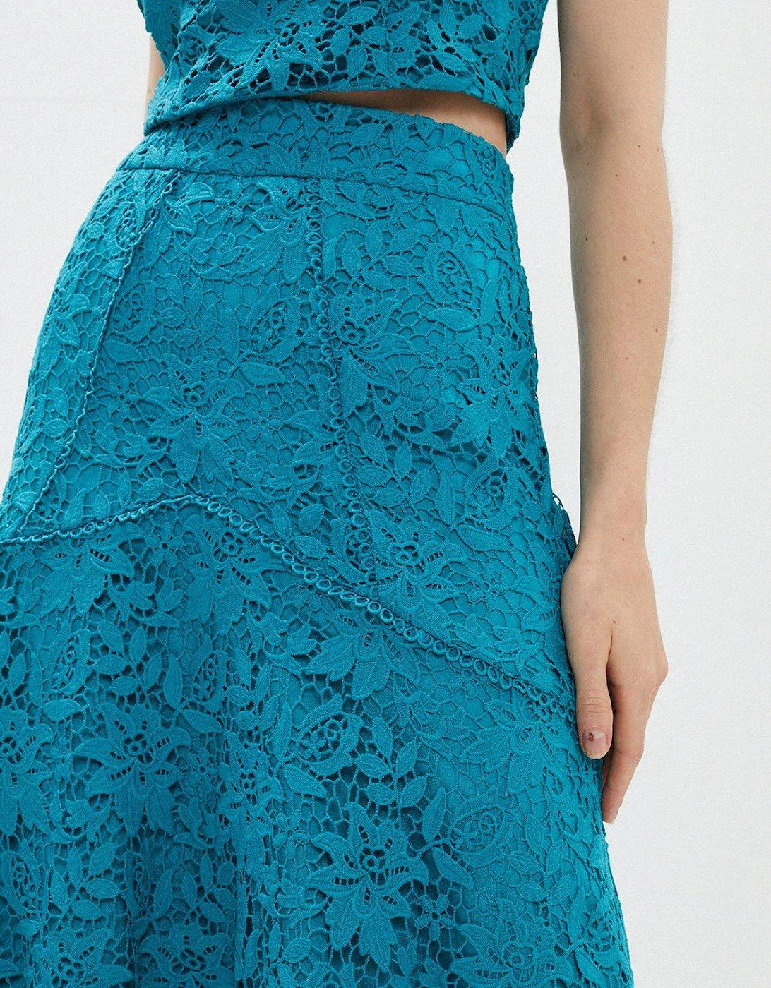 Lace Contrast Trim High Low Hem Midi Skirt