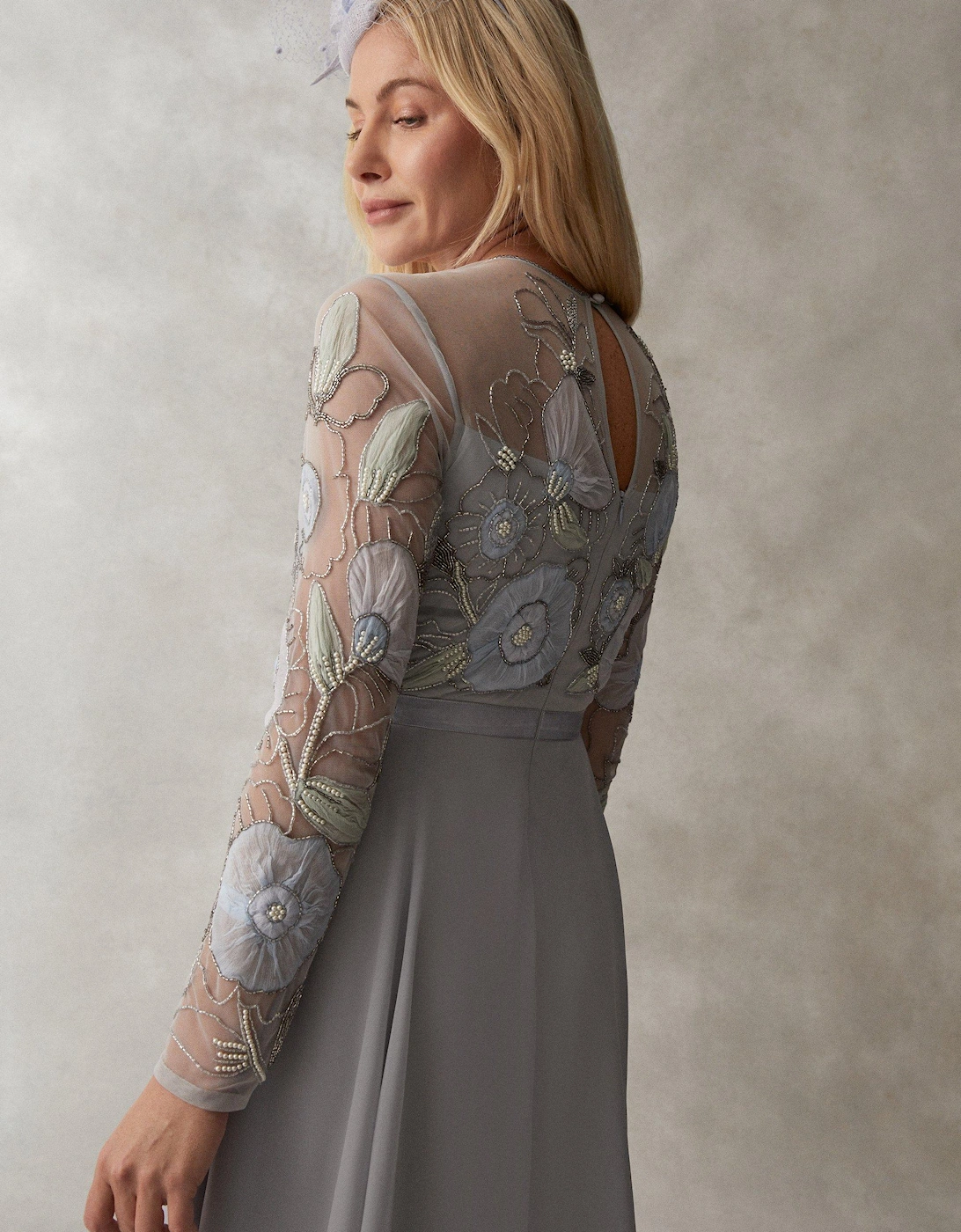 Premium Hand Embellished Chiffon Applique Midi Dress