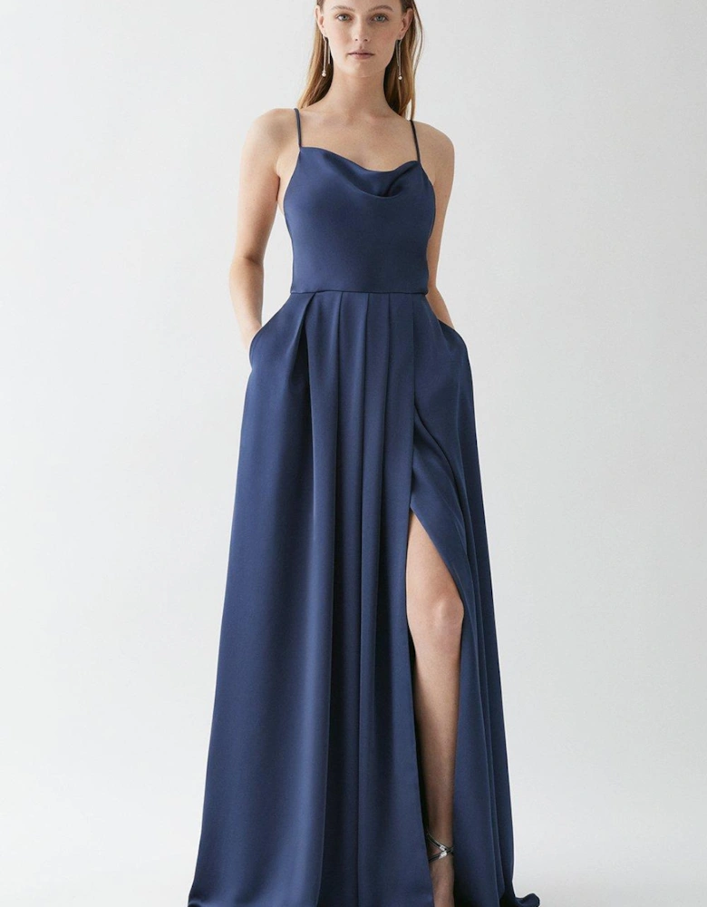 Drape Satin Thigh Split Sweeping Bridesmaid Maxi Dress