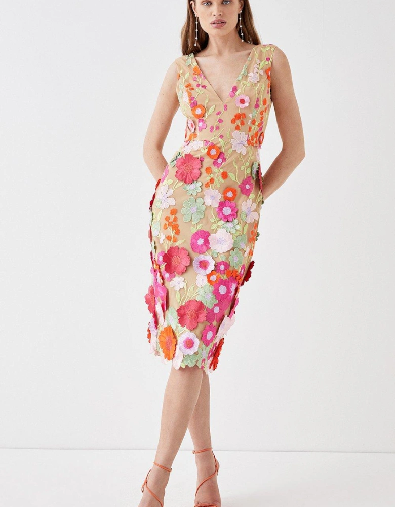 3d Floral Deep Plunge Pencil Dress