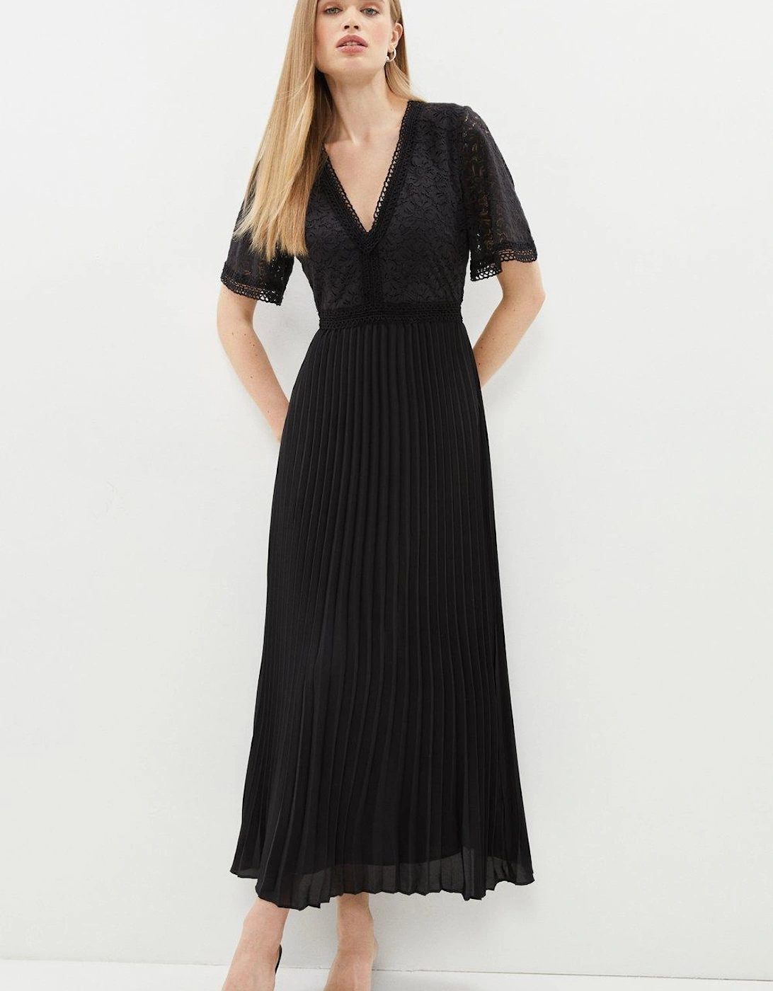 Lace Bodice Angel Sleeve Pleat Skirt Maxi Dress, 5 of 4