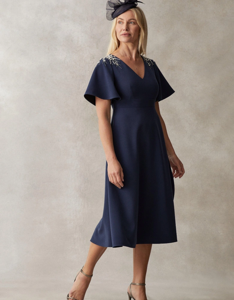 Premium Flutter Sleeve Embellished Midi Dress