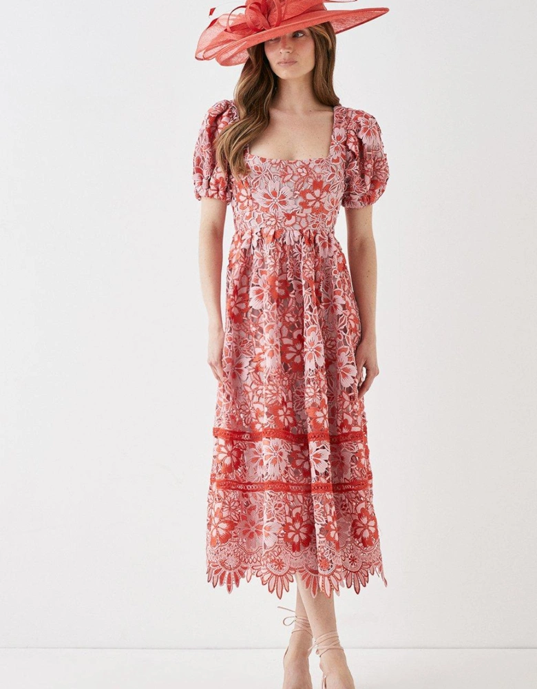 Square Neck Lace Dress With Puff Sleeve
