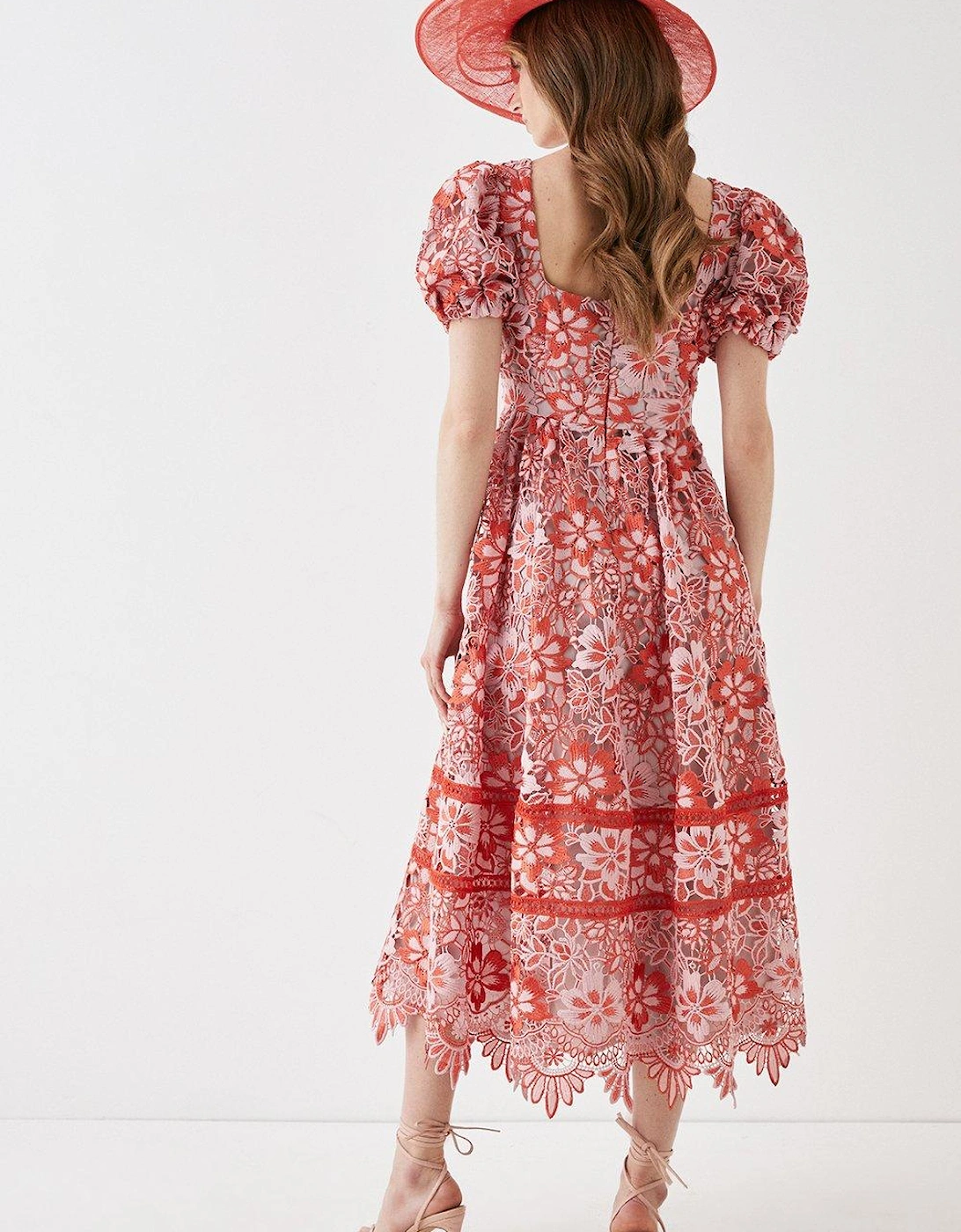 Square Neck Lace Dress With Puff Sleeve