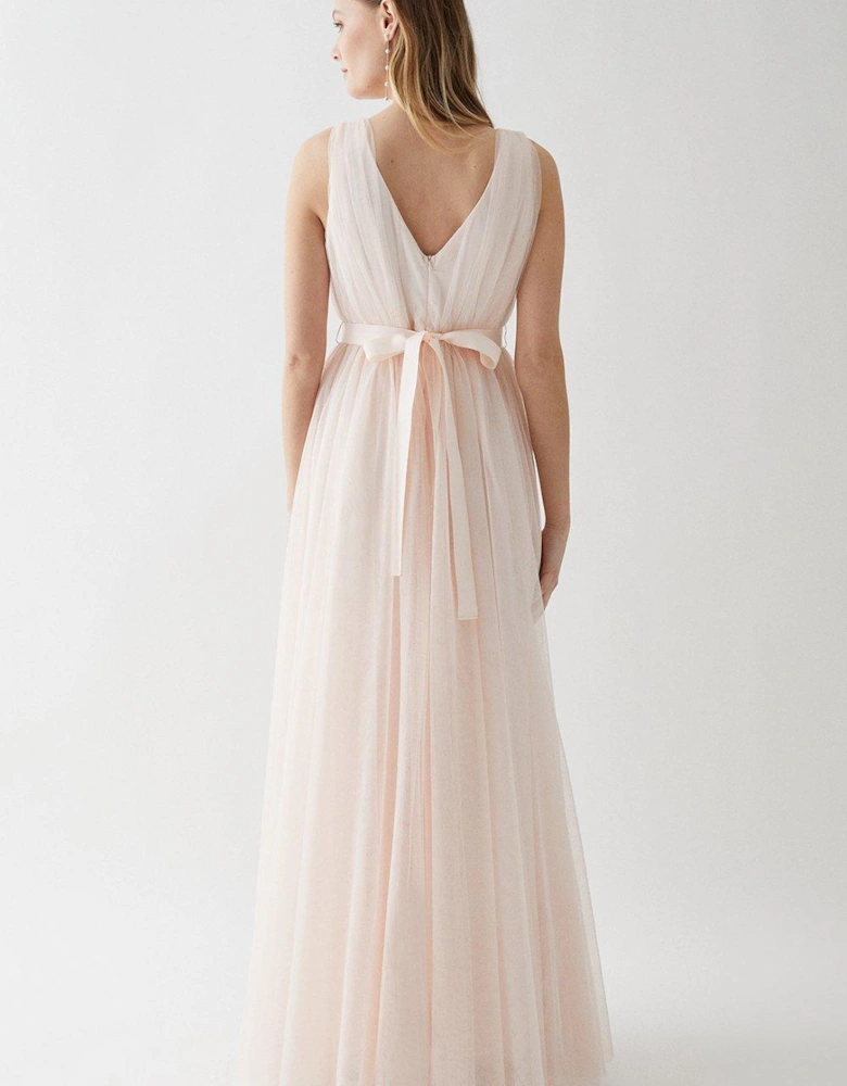 Tulle Plunge Neck Princess Bridesmaids Dress With Bow