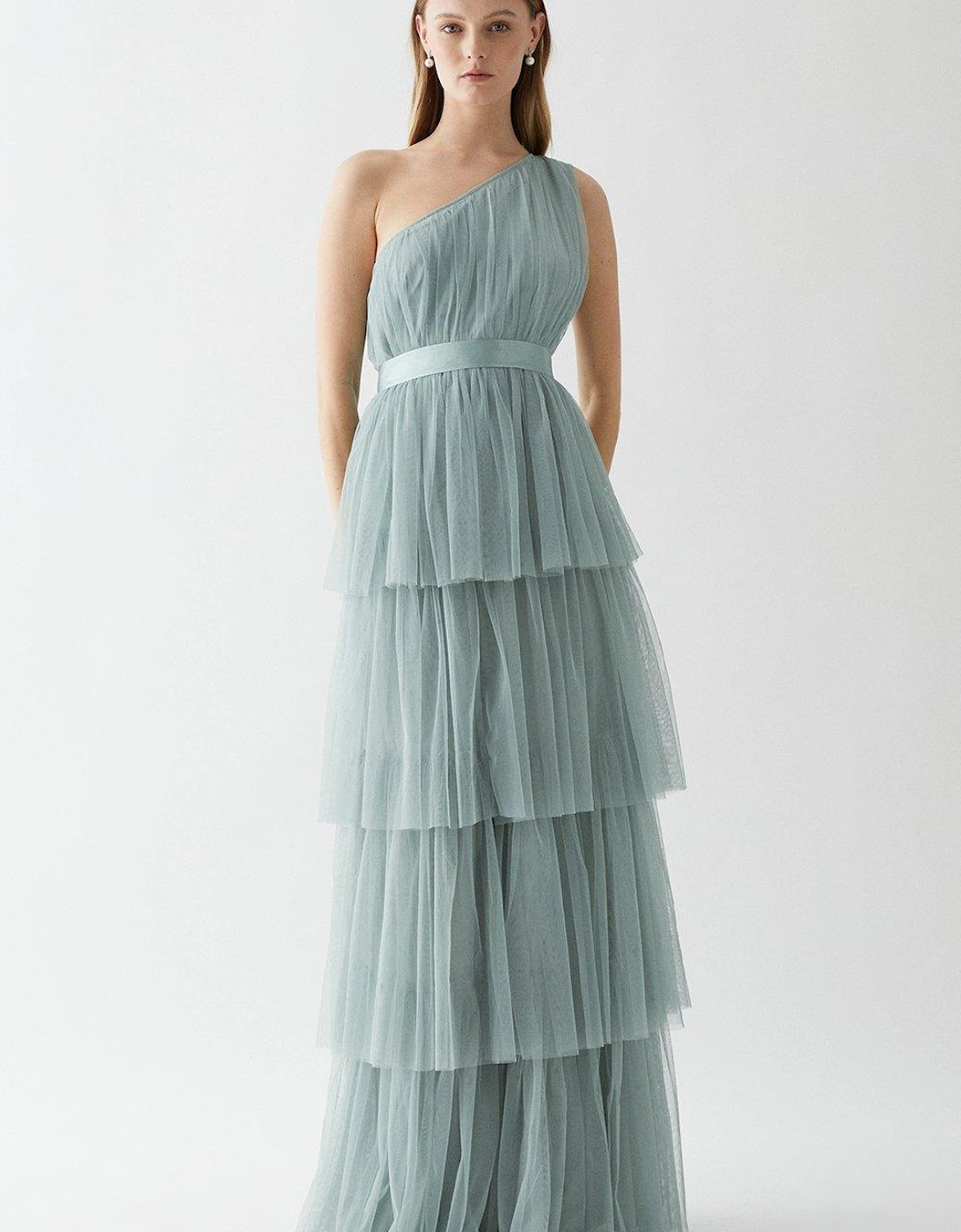 One Shoulder Tiered Mesh Bridesmaids Dress, 4 of 3