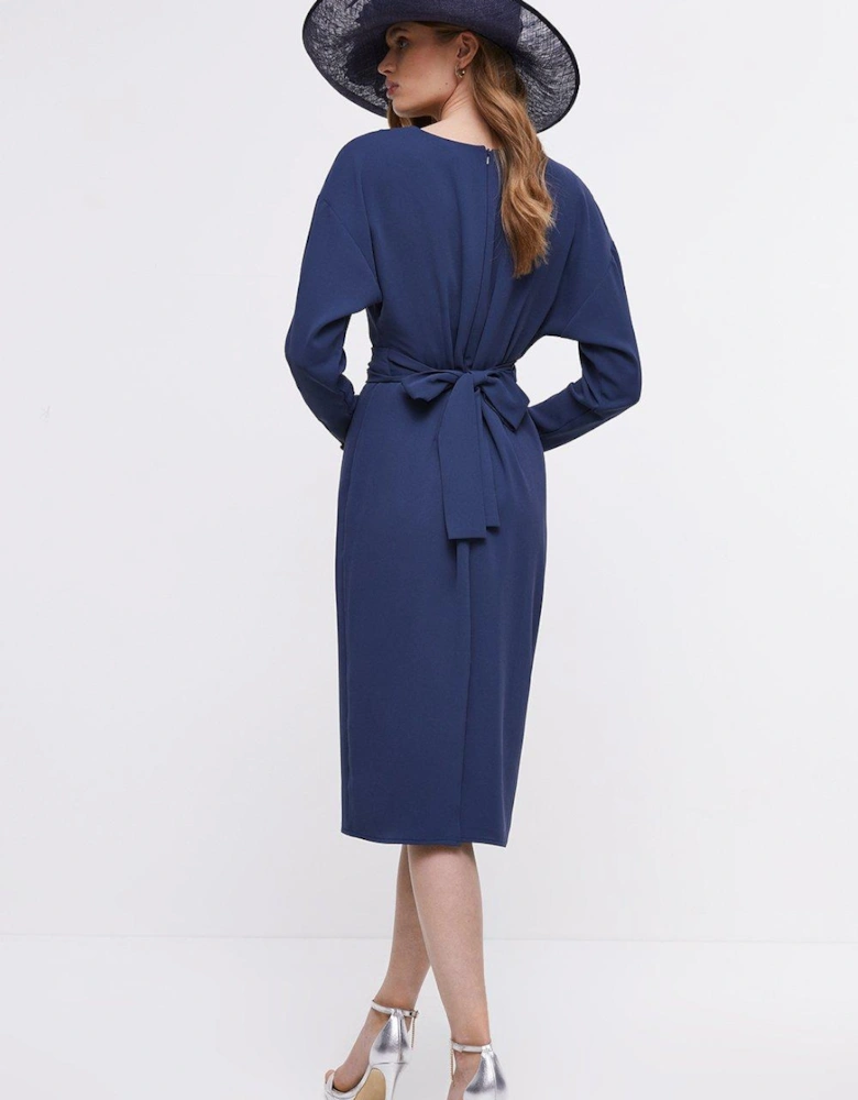 Midi Pencil Dress With Twist Front & Long Sleeve