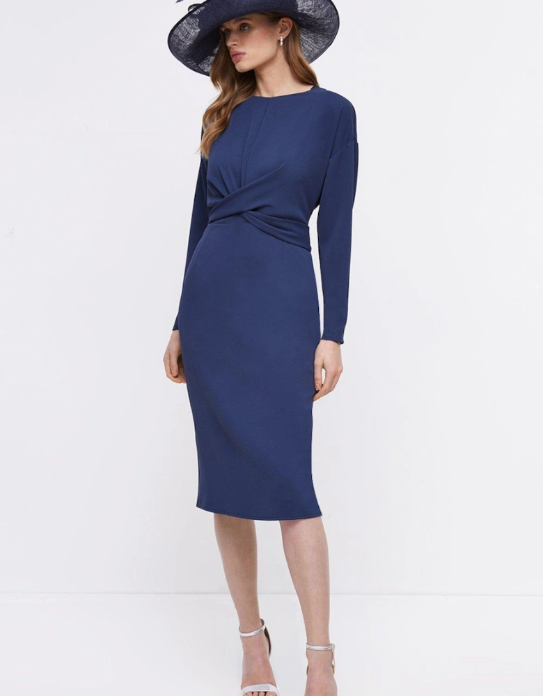 Midi Pencil Dress With Twist Front & Long Sleeve