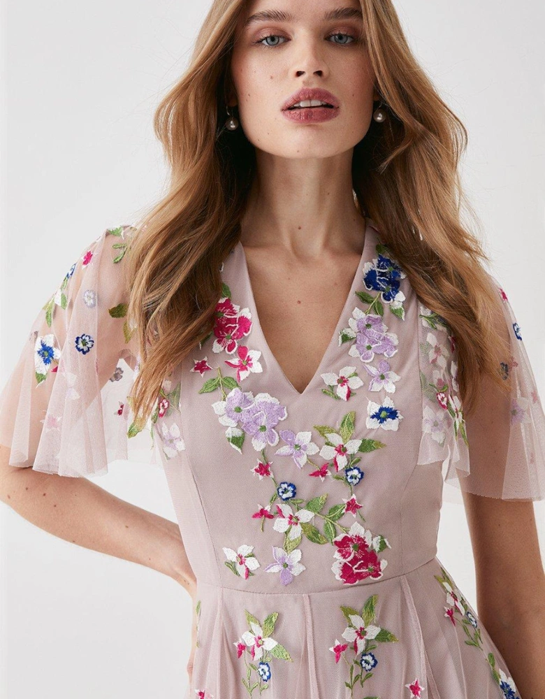 Cape Sleeve Floral Embroidered Mesh Midi Dress