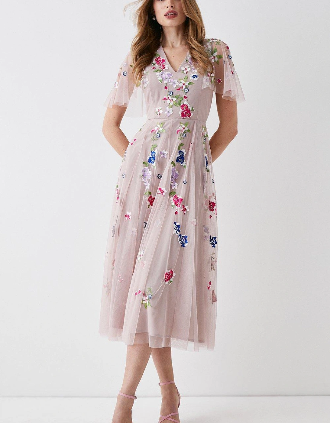 Cape Sleeve Floral Embroidered Mesh Midi Dress, 6 of 5