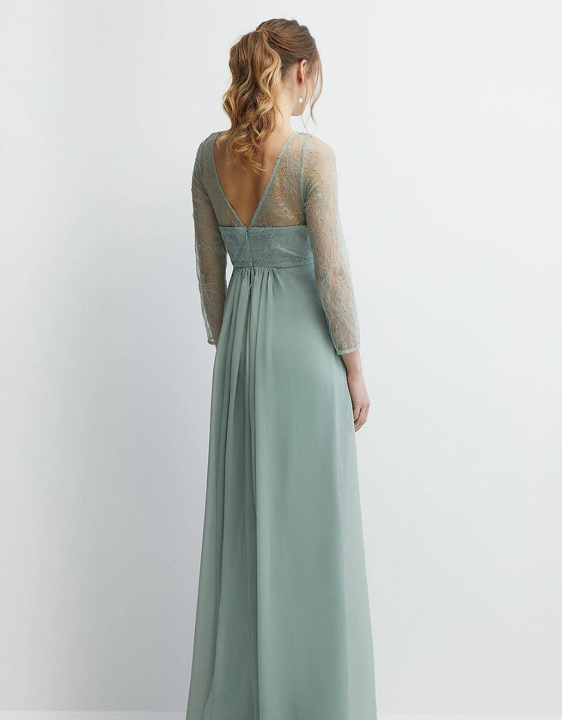 Pleated Bodice Eyelash Lace Sleeve  Bridesmaids Maxi Dress