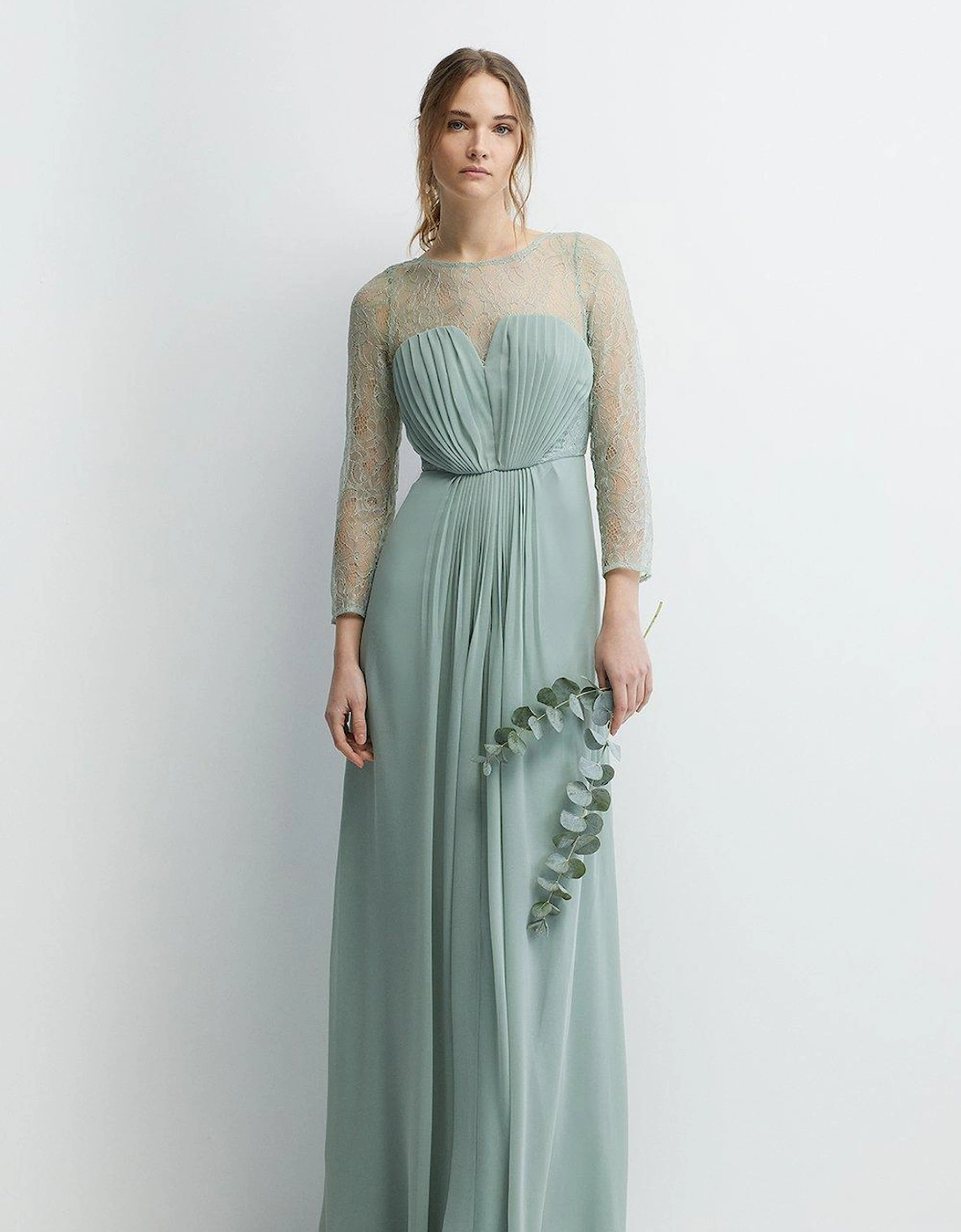 Pleated Bodice Eyelash Lace Sleeve  Bridesmaids Maxi Dress, 6 of 5