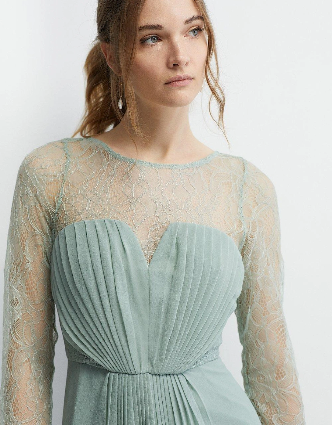 Pleated Bodice Eyelash Lace Sleeve  Bridesmaids Maxi Dress