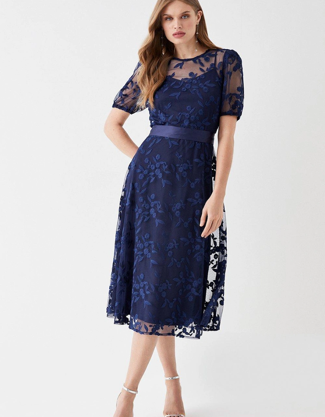 Embroidered Mesh Puff Sleeve Midi Dress, 5 of 4