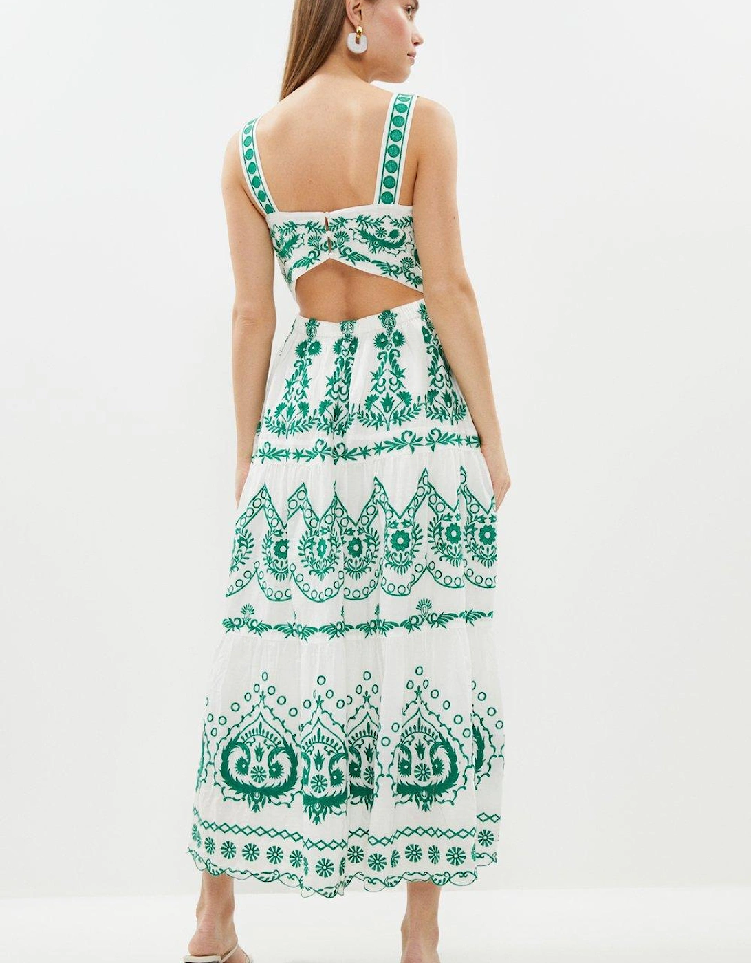 Tile Embroidered Full Skirted Maxi Dress