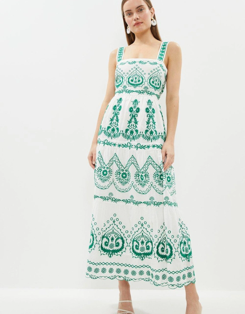 Tile Embroidered Full Skirted Maxi Dress