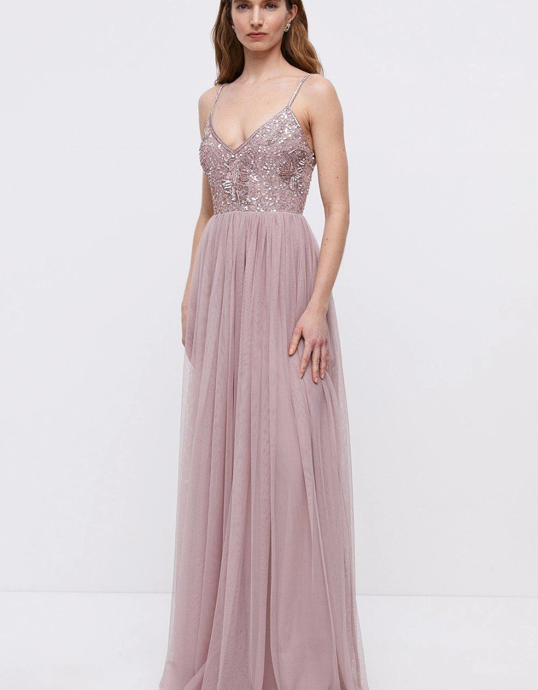 Embellished Bodice Cami Tulle Maxi Bridesmaids Dress, 6 of 5