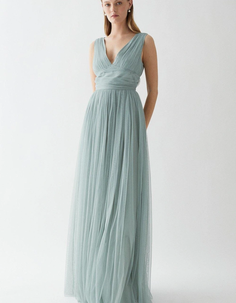 V Neck Pleated Waistband Mesh Bridesmaids Dress