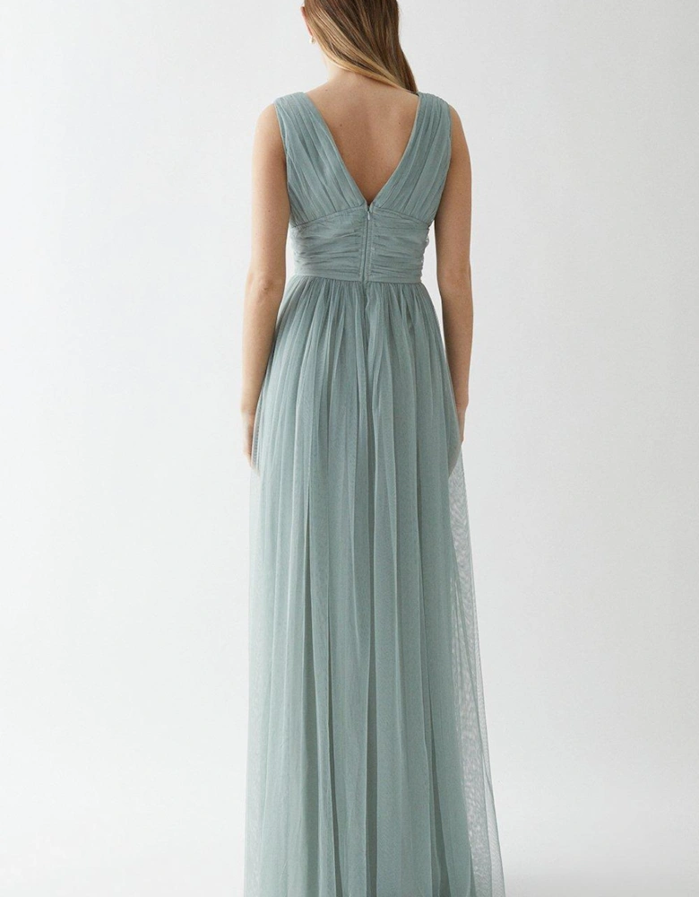 V Neck Pleated Waistband Mesh Bridesmaids Dress