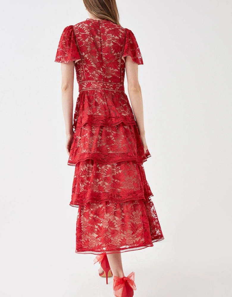 Tiered Lace Dress With Flutter Sleeve & Trims