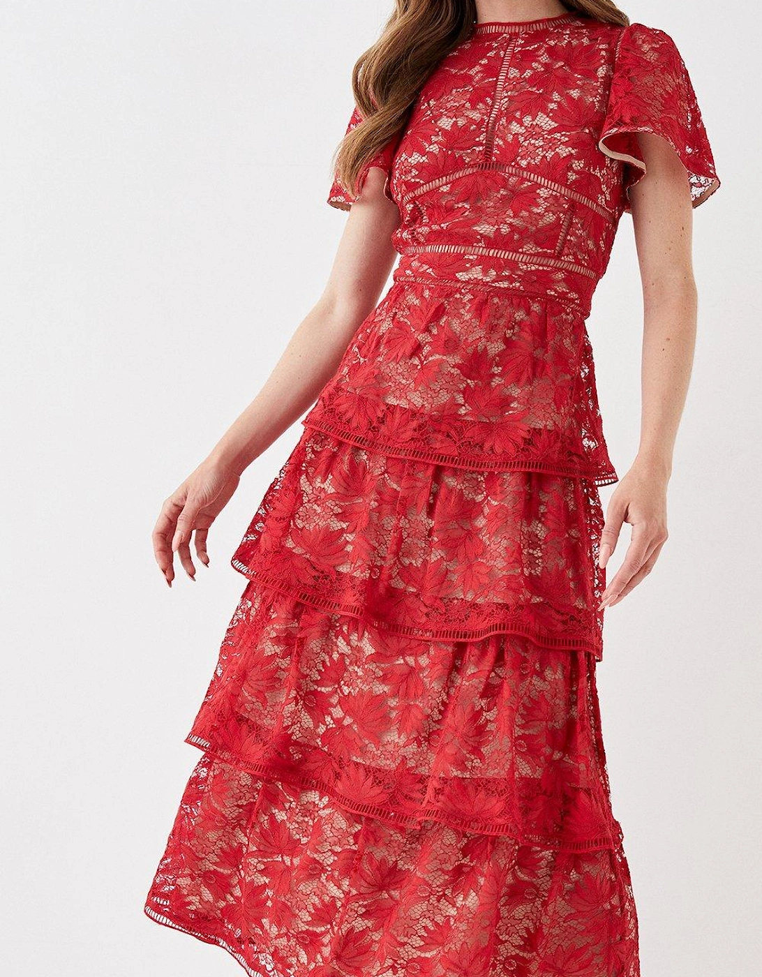 Tiered Lace Dress With Flutter Sleeve & Trims