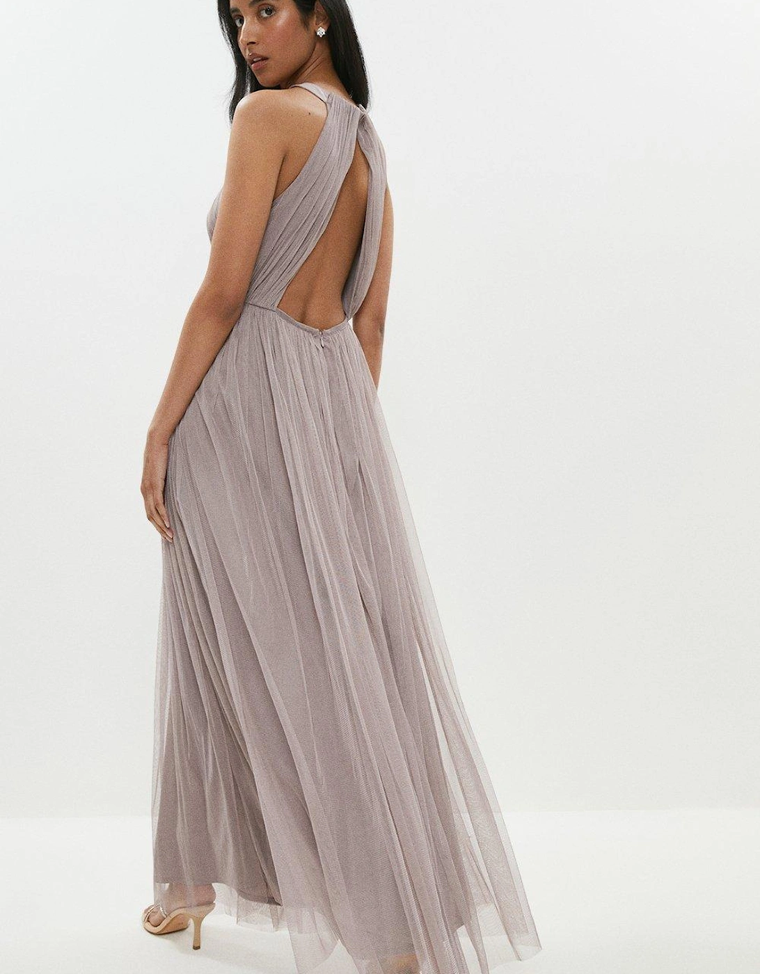 Panelled Ruched Halter Tulle Maxi Dress