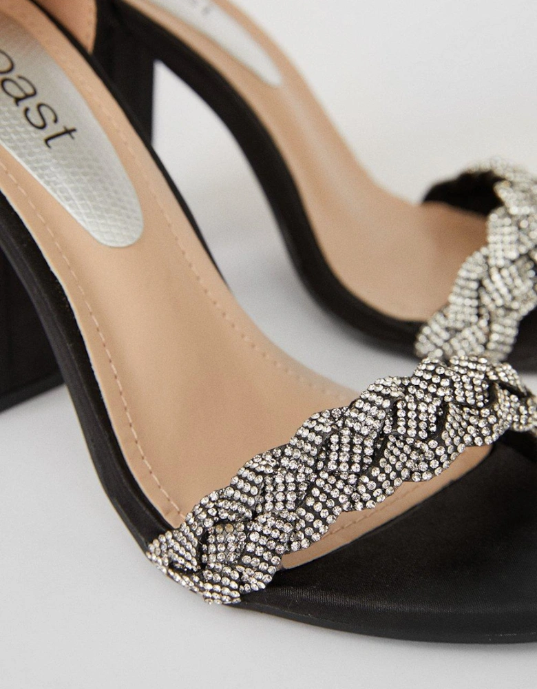 Tiffany Satin Diamante Twist Front High Block Heeled Sandals