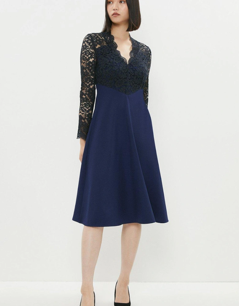Premium Lace Top Full Skirt Midi Dress