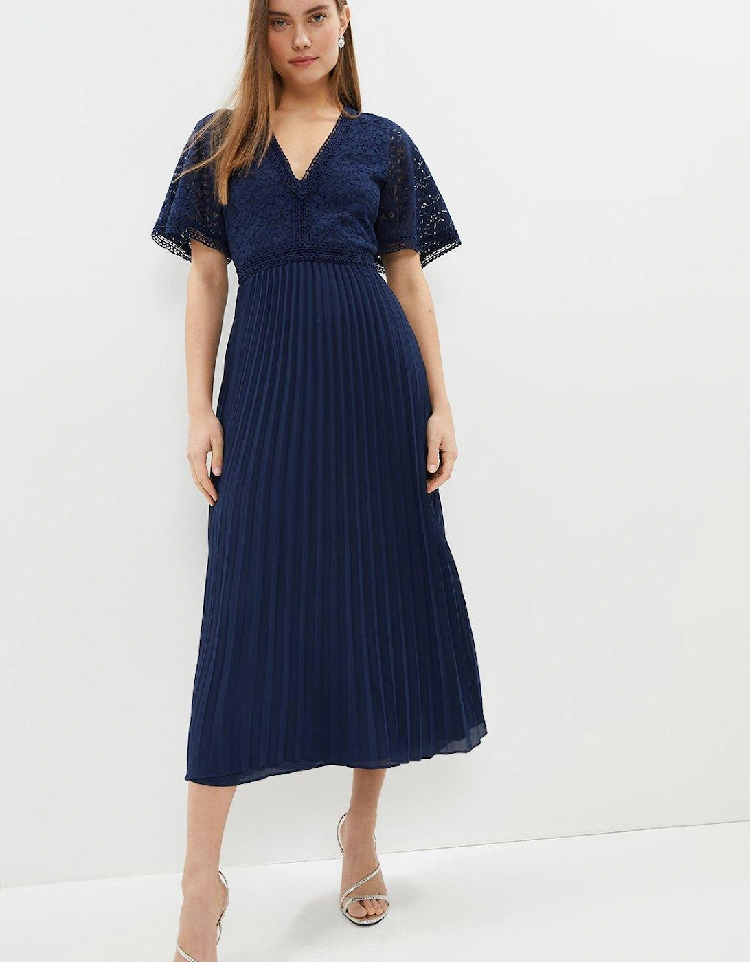 Lace Bodice Angel Sleeve Pleat Skirt Maxi Dress, 5 of 4