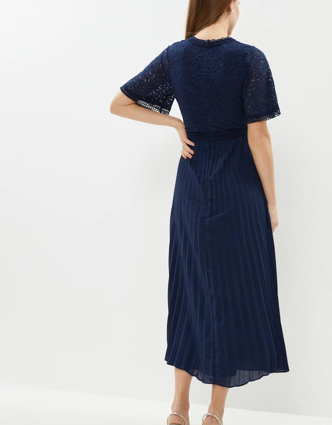 Lace Bodice Angel Sleeve Pleat Skirt Maxi Dress