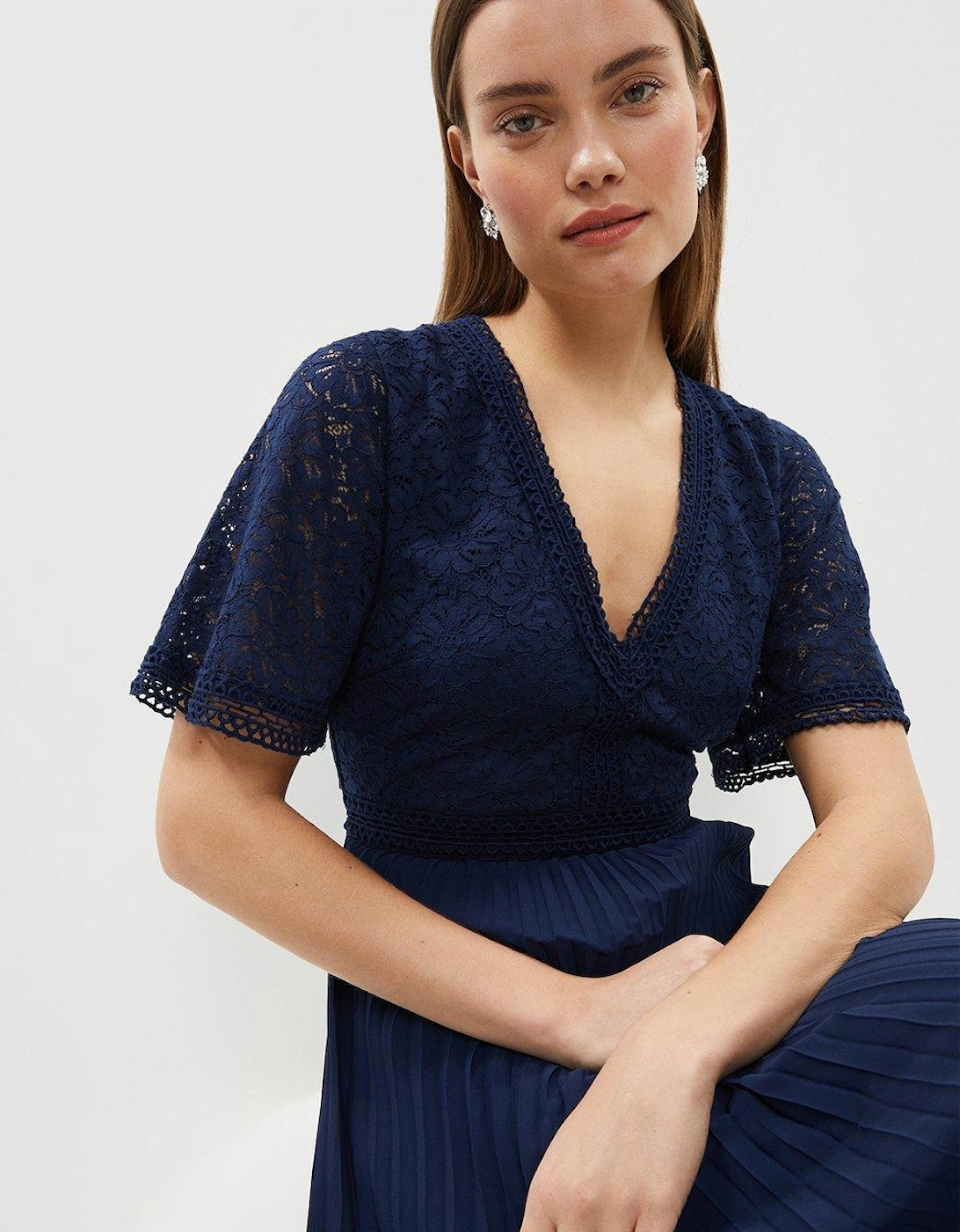 Lace Bodice Angel Sleeve Pleat Skirt Maxi Dress