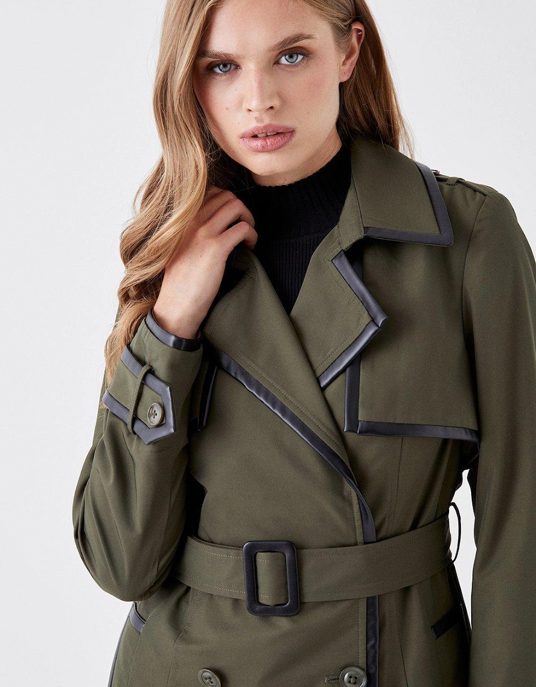 Pu Trimmed Belted Trench Coat