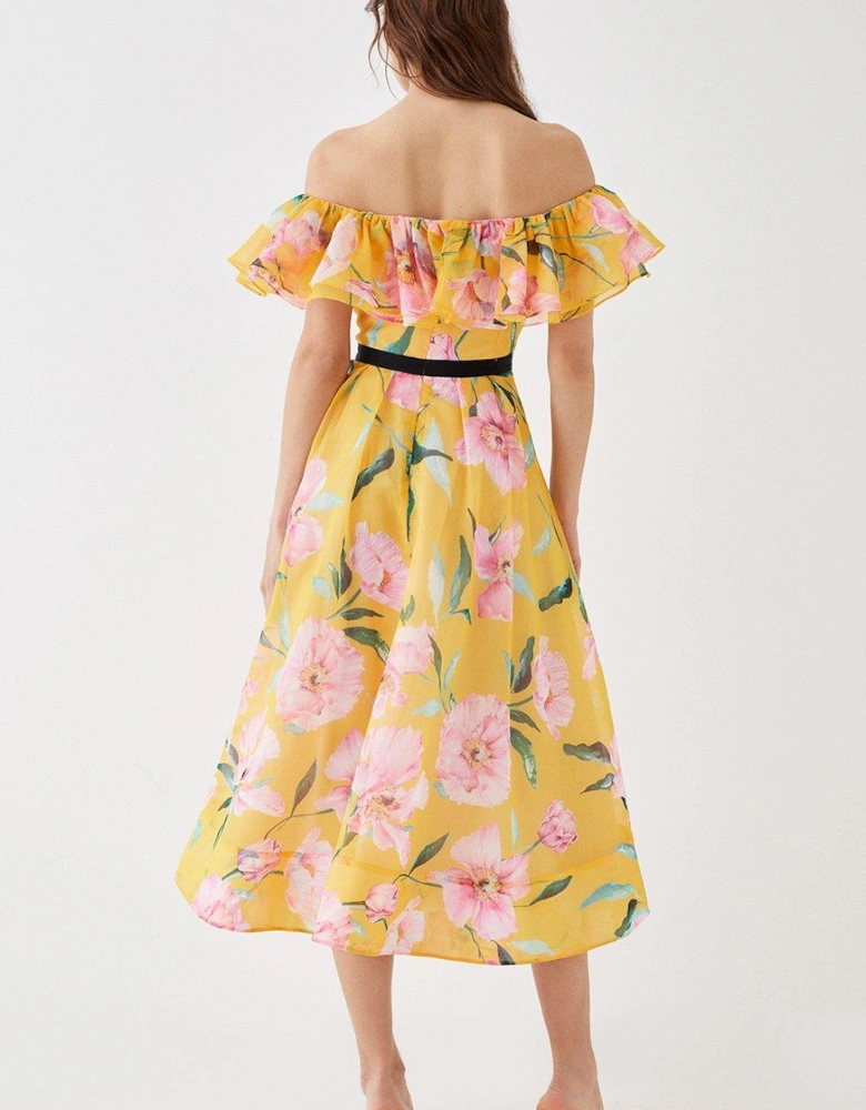 Organza Bardot Frill Midi Dress