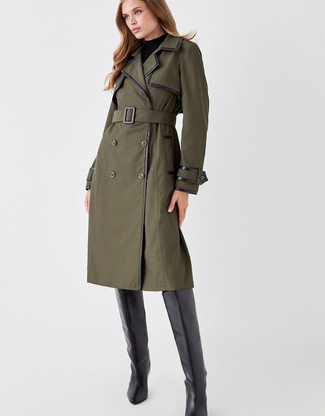 Pu Trimmed Belted Trench Coat, 5 of 4