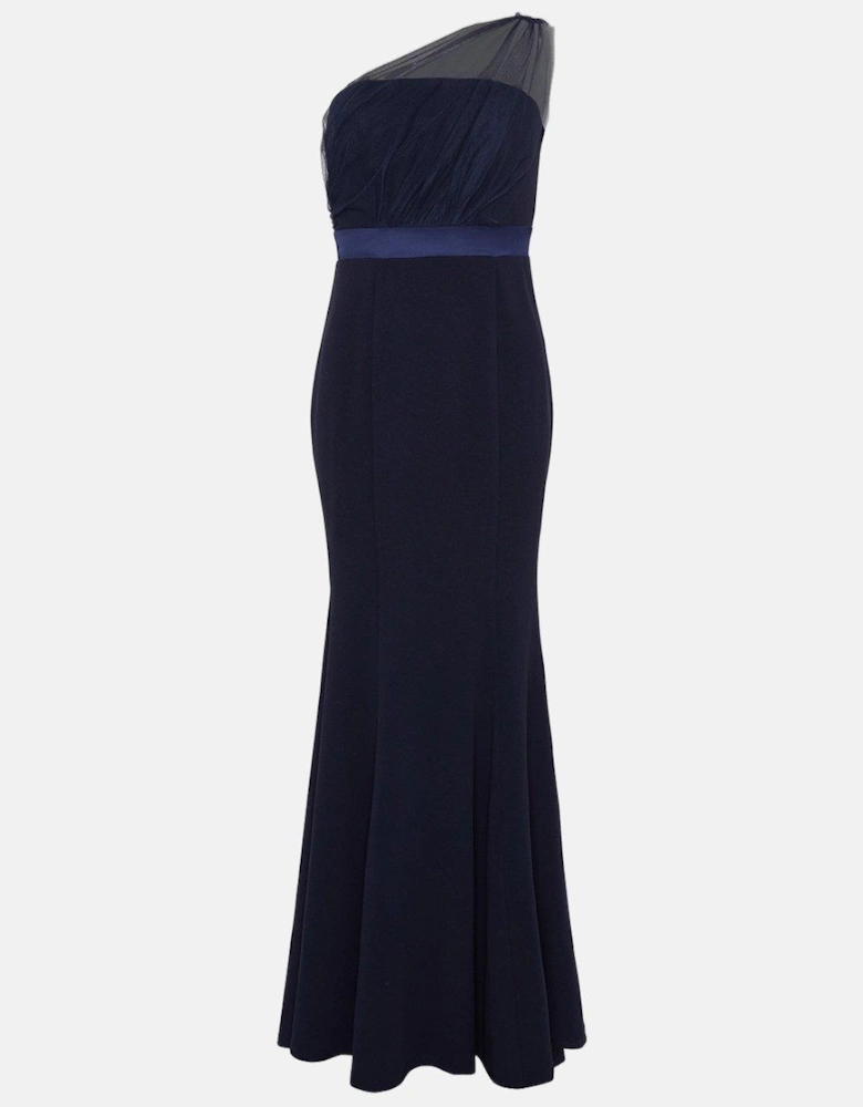 Petite Mesh One Shoulder Crepe Bridesmaid Maxi Dress